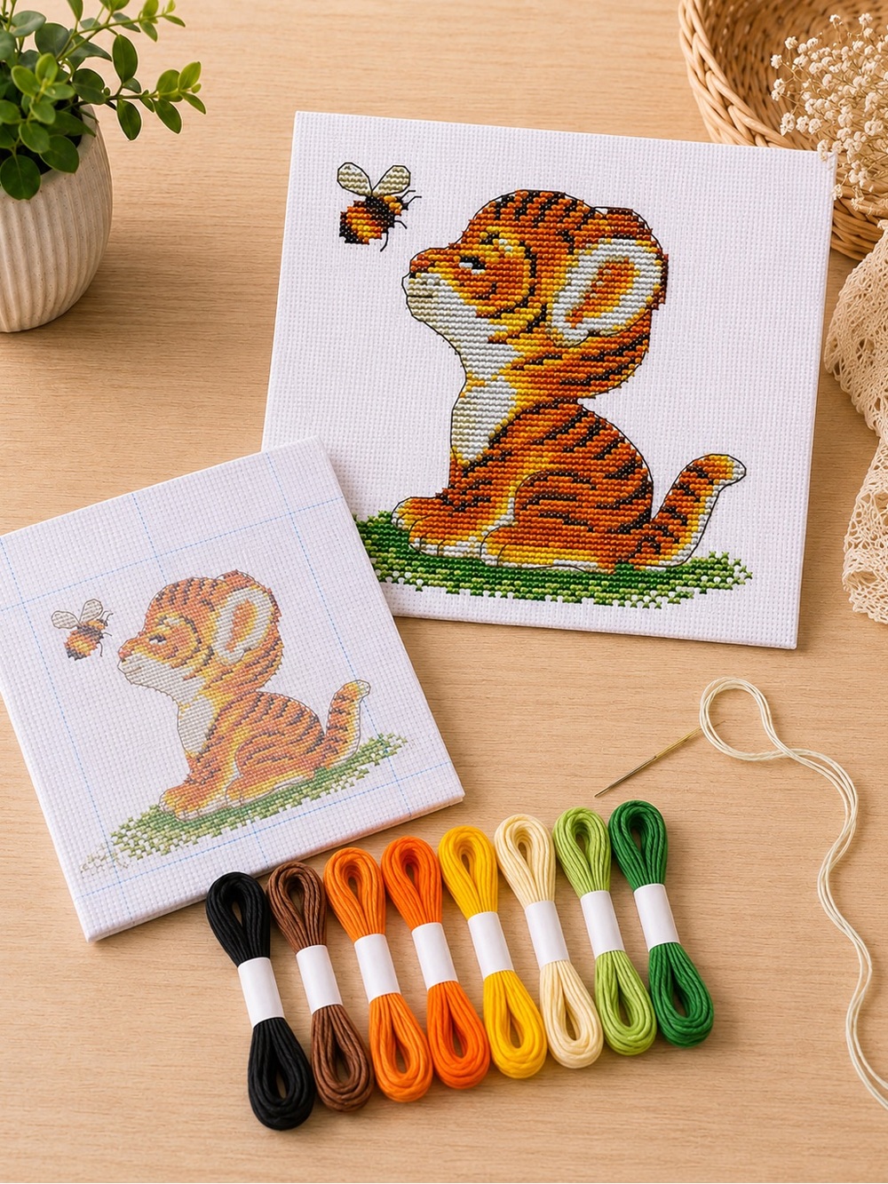 Tiger and Bee Cross Stitch Kit – Stamped Beginner Cross Stitch Kit - Picture 1 of 7